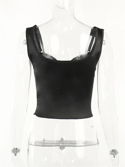 FashionSierra - 2024 Vintage Lace Patchwork Spaghetti Strap Low Cut Backless Streetwear Mini Vests