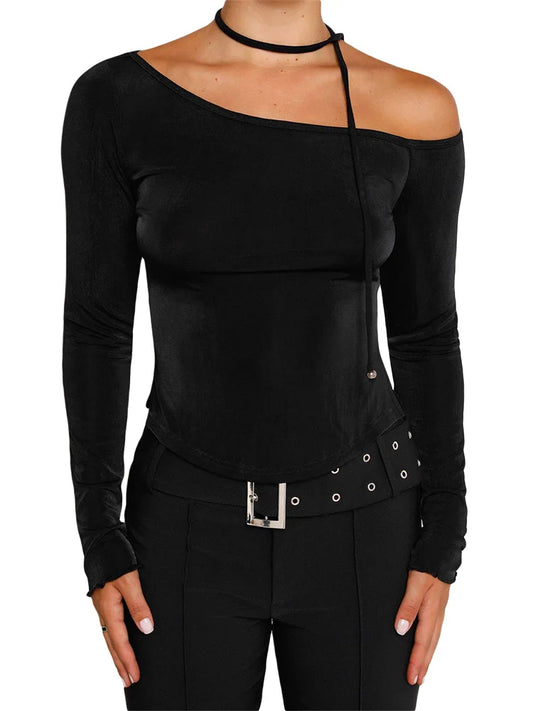 FashionSierra - 2025 Y2K Off Shoulder Long Sleeve Slim Fit Solid Color Backless Fashion Outfits Streetwear Tee