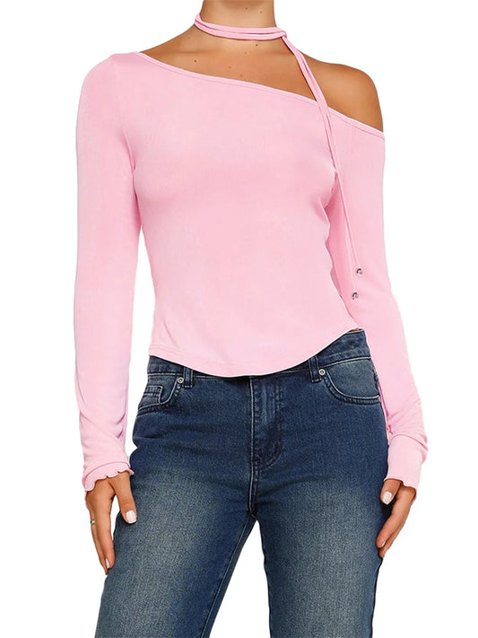 FashionSierra - 2025 Y2K Off Shoulder Long Sleeve Slim Fit Solid Color Backless Fashion Outfits Streetwear Tee