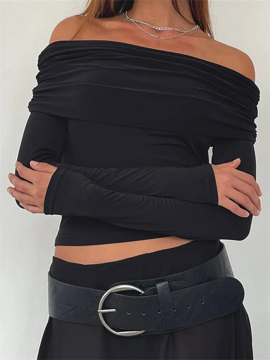 FashionSierra - 2025 Y2K Off Shoulder Sexy Long Sleeve Slim Fit Basic Solid Long Sleeve Solid Color T Clubwear Tee