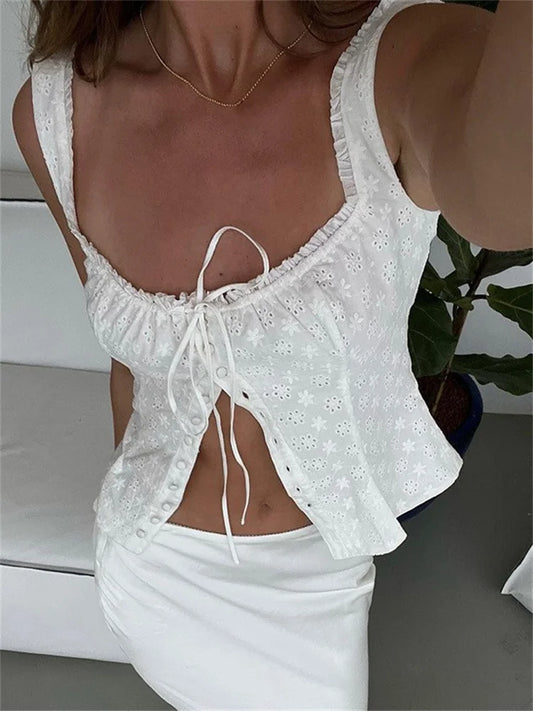 FashionSierra - 2025 Y2K Square Neck Bustiers Lace Patchwork Low Cut Front Buttons Up Fairycore Tank Crop Tops