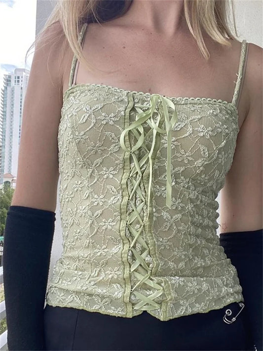 FashionSierra - 2025 Floral Embroidery Criss-cross Lace Up Chic 00s Vintage Fairycore Retro Spaghetti Strap Camis Crop Tops