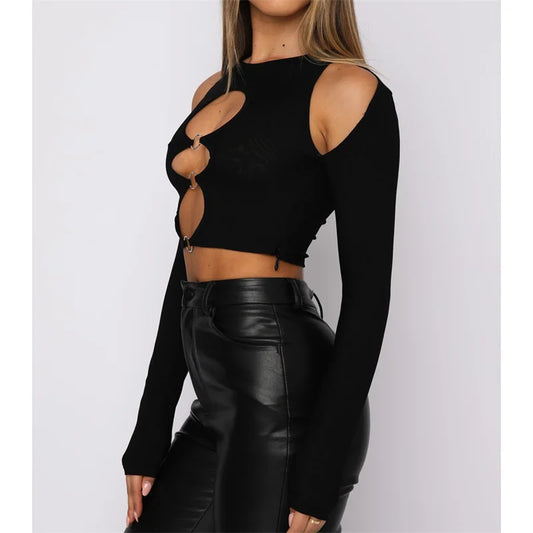 FashionSierra - 2025 Y2K Sexy Cutout Women Solid Long Sleeve Round Neck with Rings Vintage T-shirt Autumn Outwear Tee