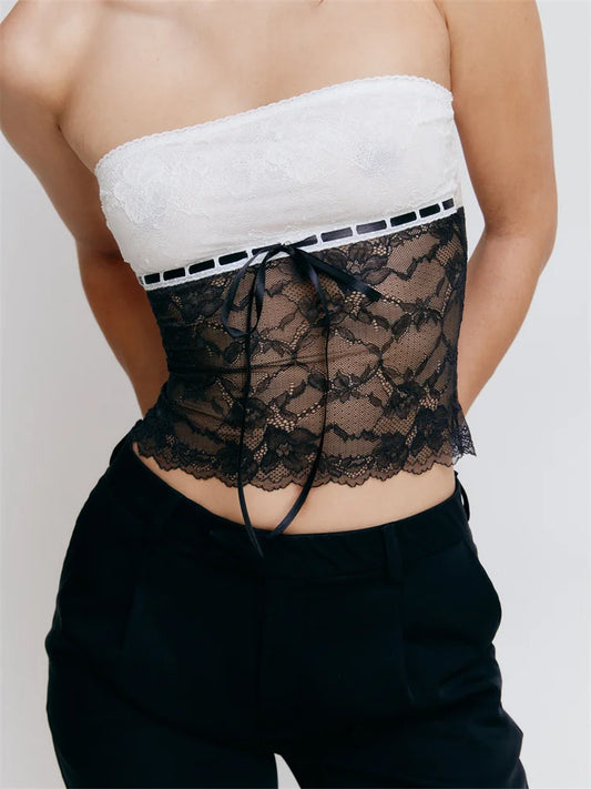 FashionSierra - 2025 Going Out Tank Strapless Off Shoulder Lace Floral Tube Patchwork Slim Fit Party Mini Vest Crop Tops