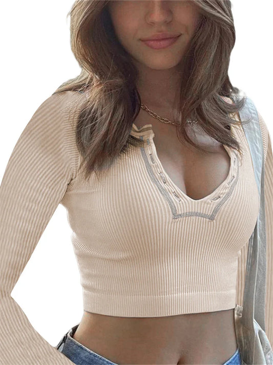 FashionSierra - 2025 Y2K Vintage Harajuku Long Sleeve V Neck Fairy Grunge 90s E Girl Streetwear Tee