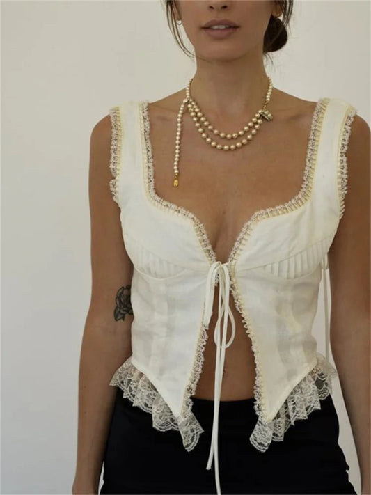 FashionSierra - 2025 Floral Lace Patchwork Vest Top Sleeveless Low-Cut Tie-Up Chest Vintage Summer Camis Irregular Hem Tank Crop Tops