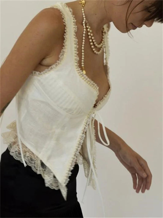 FashionSierra - 2025 Floral Lace Patchwork Vest Top Sleeveless Low-Cut Tie-Up Chest Vintage Summer Camis Irregular Hem Tank Crop Tops