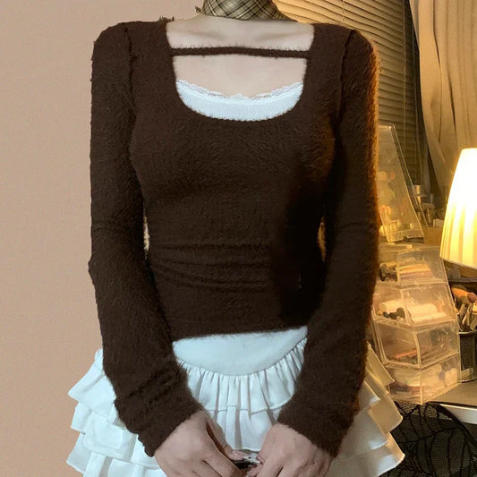 Furry Elastic Knit Top Brown / S