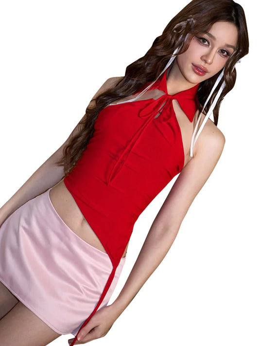 2025 Vintage Solid Hollow Lapel Backless Asymmetric Suit Neck Flutter Tank Top