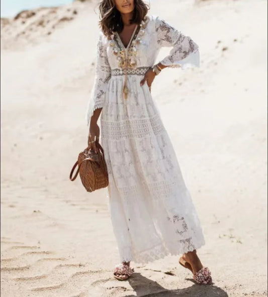 FashionSierra-Casual V-neck Flare Sleeve Floral Lace Vintage Tassel Long Maxi Summer Boho Dress