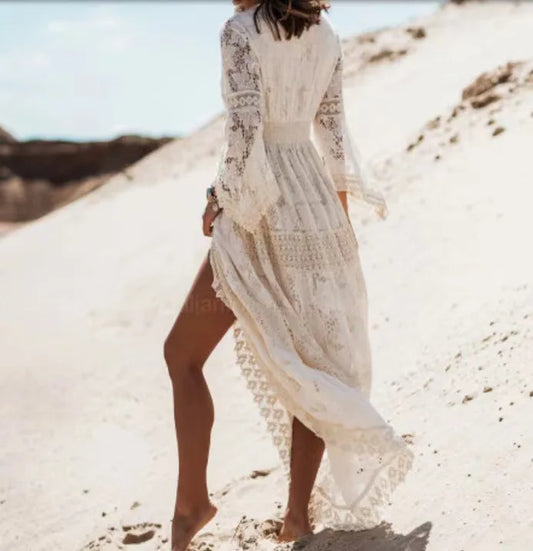 FashionSierra-Casual V-neck Flare Sleeve Floral Lace Vintage Tassel Long Maxi Summer Boho Dress