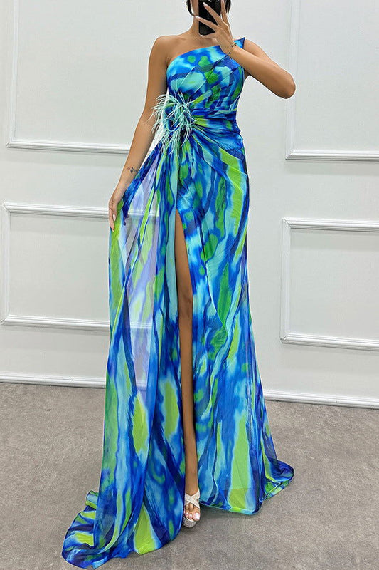 Chiffon Floral Print Slit Dress Casual Party Long Dress