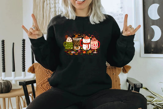 Colored Coffee Party Aesthetic Pure Cotton Jumper Graphic Christmas Hoodie Black / S Hoodies-L