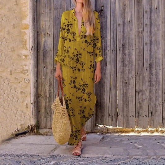 FashionSierra - 2025 Spring Casual V-Neck Slit Maxi Tunic Boho Dress
