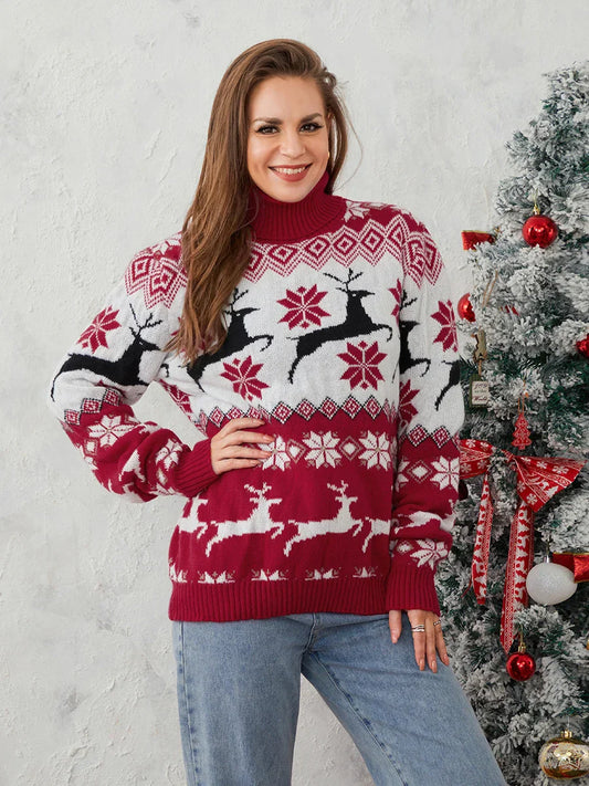 Couples Elk Print Long Sleeve Turtleneck Warm Knitted Christmas Sweater Red / S Sweaters-L