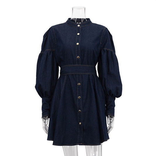 Denim Shirt Dress Niche Design Lantern Sleeve Lace up GracefulDress