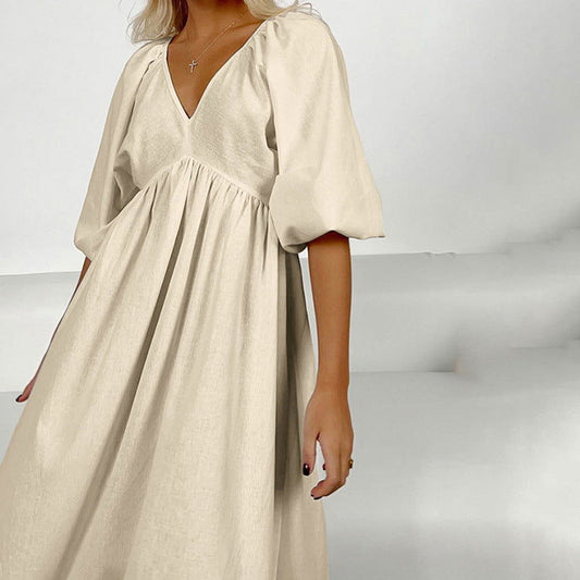 Early Cotton Solid Color Maxi Dress V neck Half Sleeve Hollow Out Cutout Backless Casual Dress
