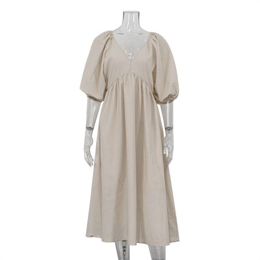 Early Cotton Solid Color Maxi Dress V neck Half Sleeve Hollow Out Cutout Backless Casual Dress