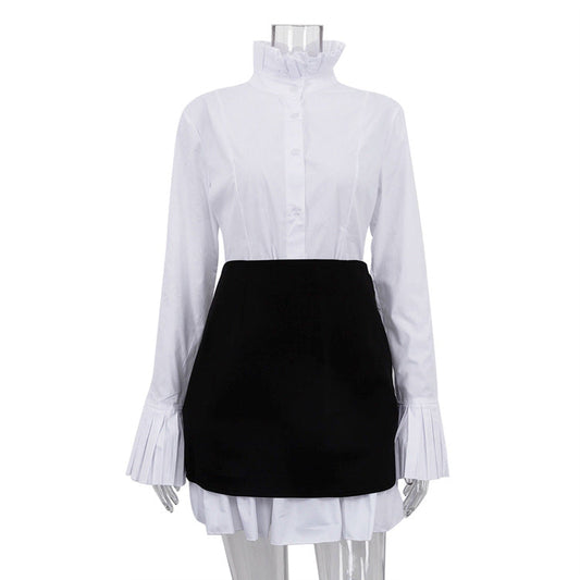 Early French Design StUp Collar Flared Sleeves Detachable Girdle Elegant