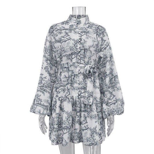Early National Ink Printing Short Dress Puff Sleeve StUp Collar Tie Retro A Line Dress