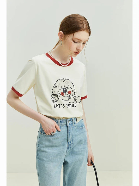 FashionSierra - American Retro Creative Print Contrast Color Short-Sleeved Cotton Tee for Round Neck Letter T-shirt