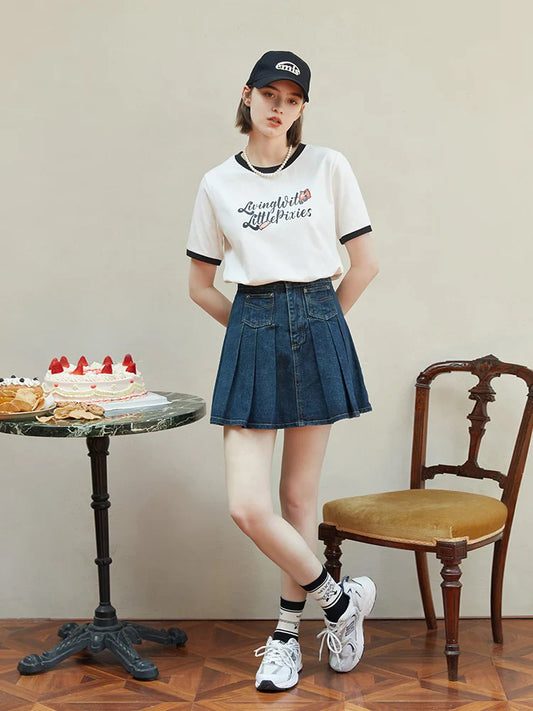 FashionSierra - American Retro Creative Print Contrast Color Short-Sleeved Cotton Tee for Round Neck Letter T-shirt