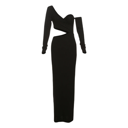 Fall Long Sleeve Diagonal Collar Cutout Slim Fit Hip Wrapped Dress