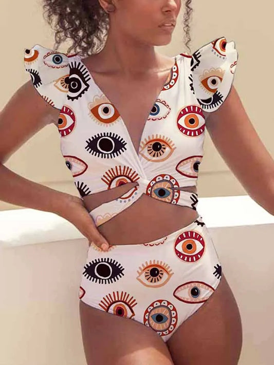 Deep V Eyes Print Chest Strap One Piece WHITE / S onepiece-250223