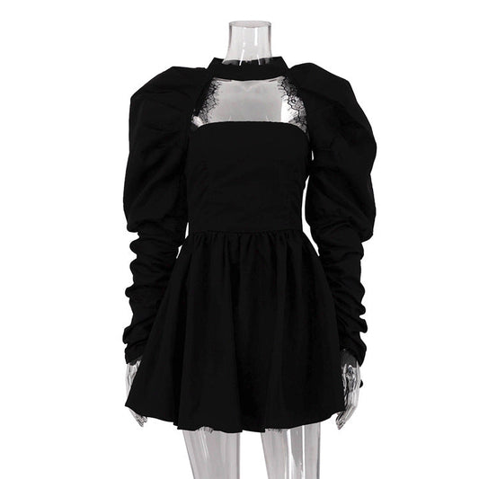 French Tube Top High Grade Backless Long Sleeves Black Two Piece A Line Dress