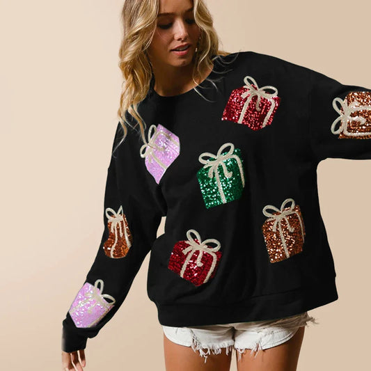 Glitter Patchwork Vintage Harajuku Slim Streetwear Long Sleeve Christmas Hoodie Black / S Hoodies-L