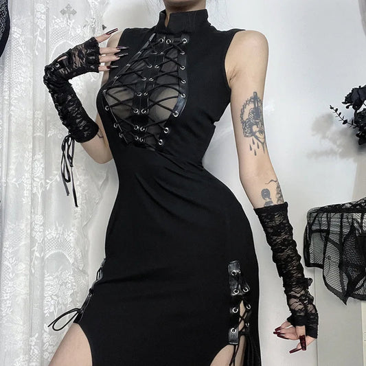 Transparent Patchwork Bandage Hem Midi Dress Black / S