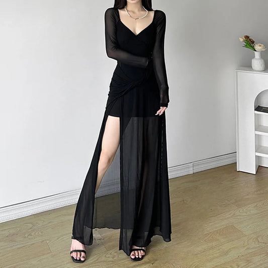 V-Neck Asymmetrical Hem Gothic Full-Length Dress