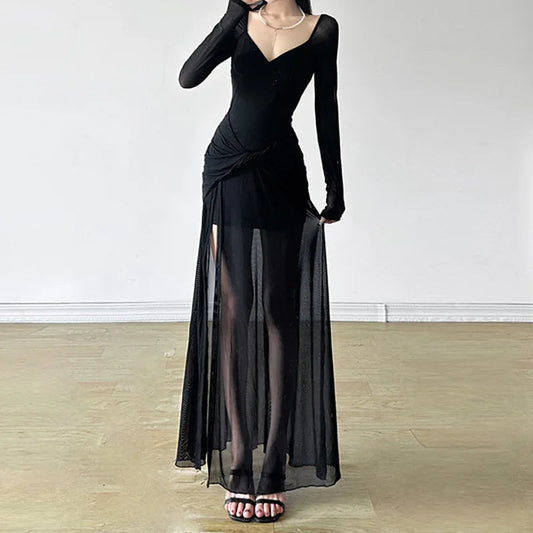 V-Neck Asymmetrical Hem Gothic Full-Length Dress Black / S