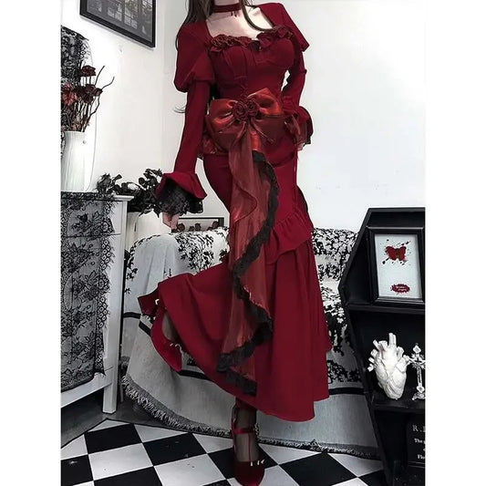 Vintage Velvet Tall Waist Rebel Midi Dress Red / XS