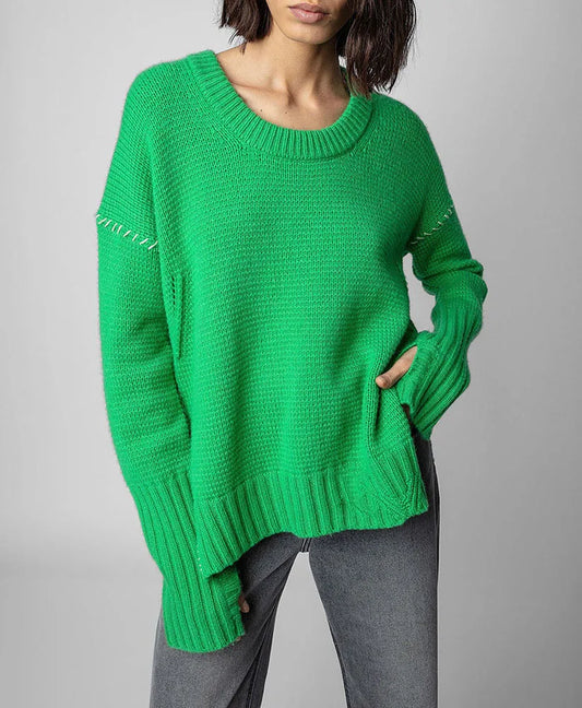 Hand-Woven Loose O-Neck Slit Hem Green Autumn Winter Christmas Sweater / S Sweaters-L