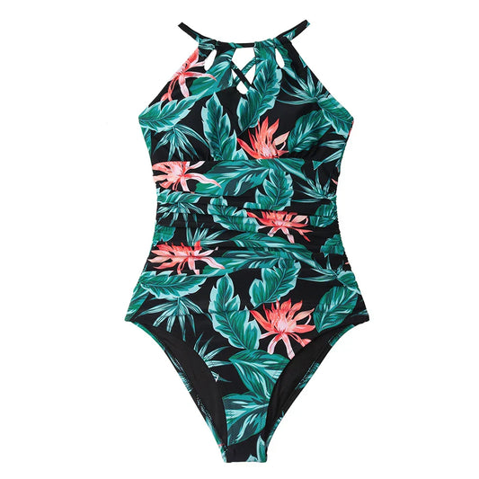 Floral Halter Cutout Lace Up One Piece Set green2 / XS