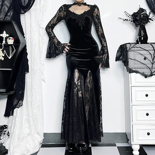 Gloomy Lace Fishtail Tiny Slim Midi Dress Black / S