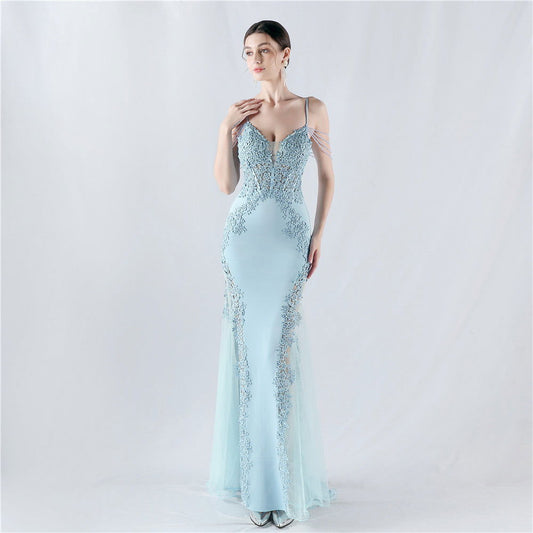 Heavy Embroidery Drilling Boning Corset Vest Lace Beaded High Fork Evening Dress