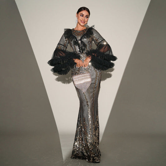 High End Long Sleeve Crew Neck Long Sequined Cocktail Fishtail Evening Dress Bridesmaid Dress
