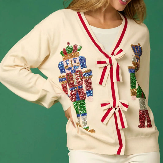 Sequin Christmas Nutcracker V-Neck Cardigan Cardigan-241208