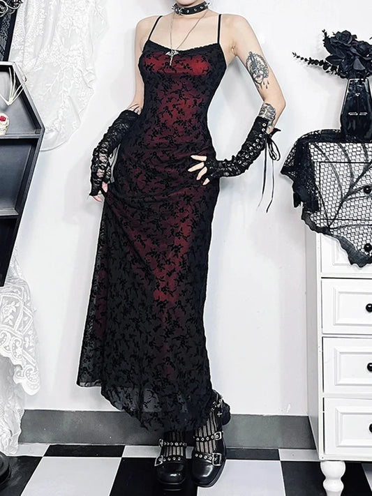 Floral Flocking Sleeveless Lolita Fairy Vintage Witchy Camisole Grunge Harajuku Dress