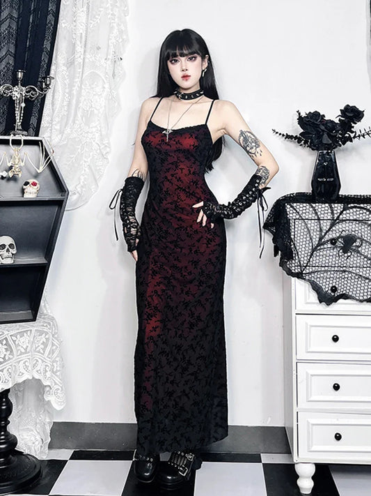 Floral Flocking Sleeveless Lolita Fairy Vintage Witchy Camisole Grunge Harajuku Dress