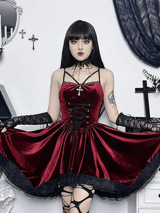 Gothic Velvet Vintage Spaghetti Strap Lace Up Romantic Casual Fashion Dress