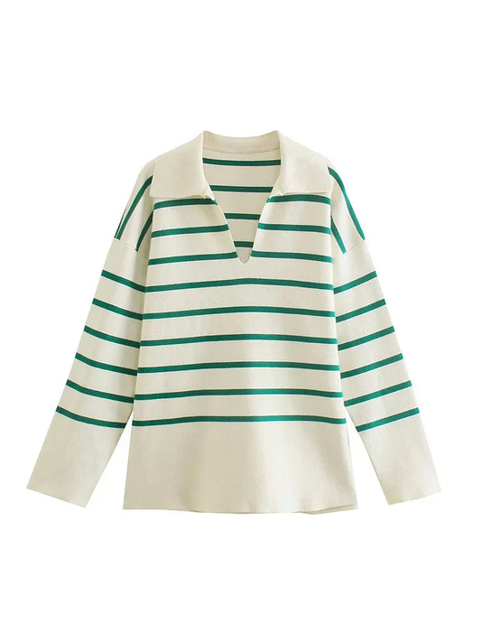 Vintage Elegant Striped Oversized Casual Loose Green Christmas Sweater Biege / S Sweaters-L