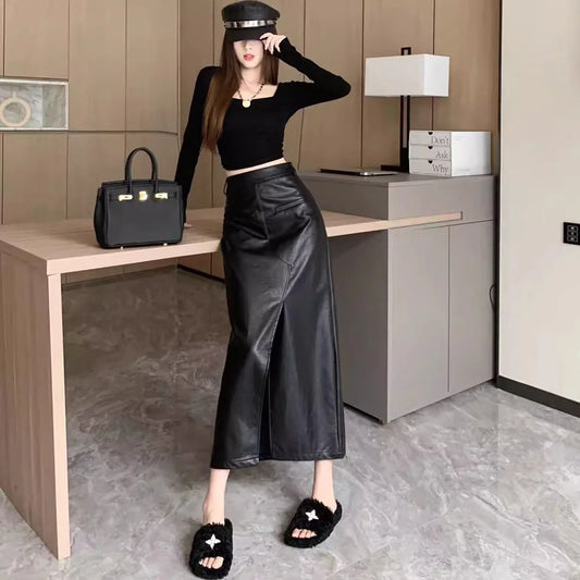 Streetwear Loose Black PU Leather Long Skirt Bottom