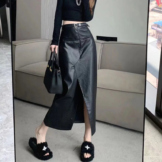 Streetwear Loose Black PU Leather Long Skirt Bottom