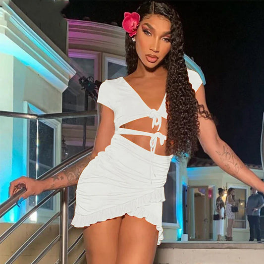 FashionSierra - Lace Up V Neck Bodycon Women 2025 Summer Hollow Out Ruffles Sun Beachwear Vestidos Mini Dress