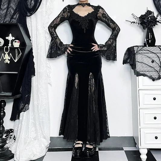 Patchwork Velvet Long Sleeve Midi Dress Black / S