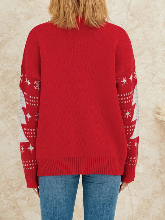 Reindeer Patterned Crew Neck Long Sleeve Knitwear Rib-Knit Hem Christmas Sweater Sweaters-L