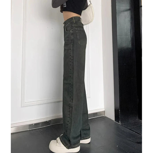 Female 2025 New Spring Cement Grey High Waist Thin Small Wide-Legged Trousers Jeans